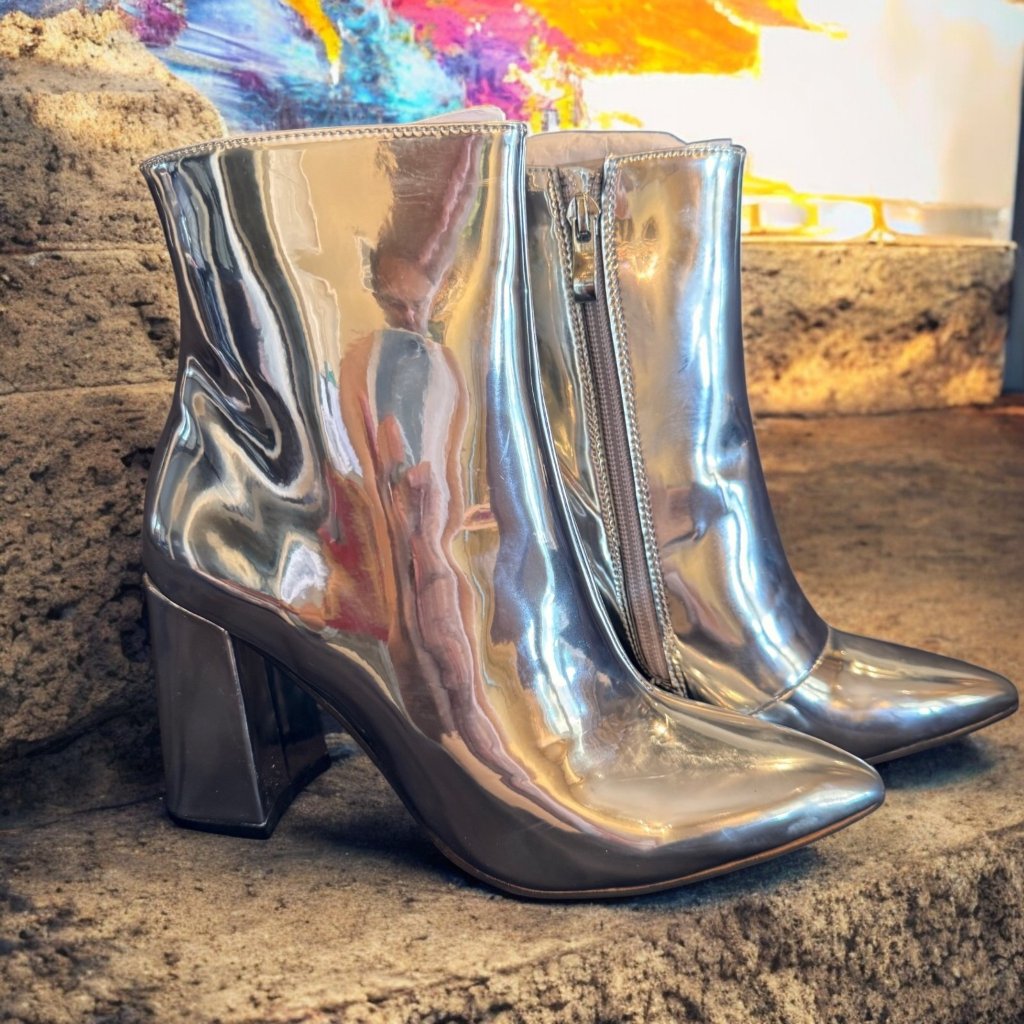 Matiko Silver Mirror Metallic Block Heel Ankle Boots Size 36 Us 6 Nib